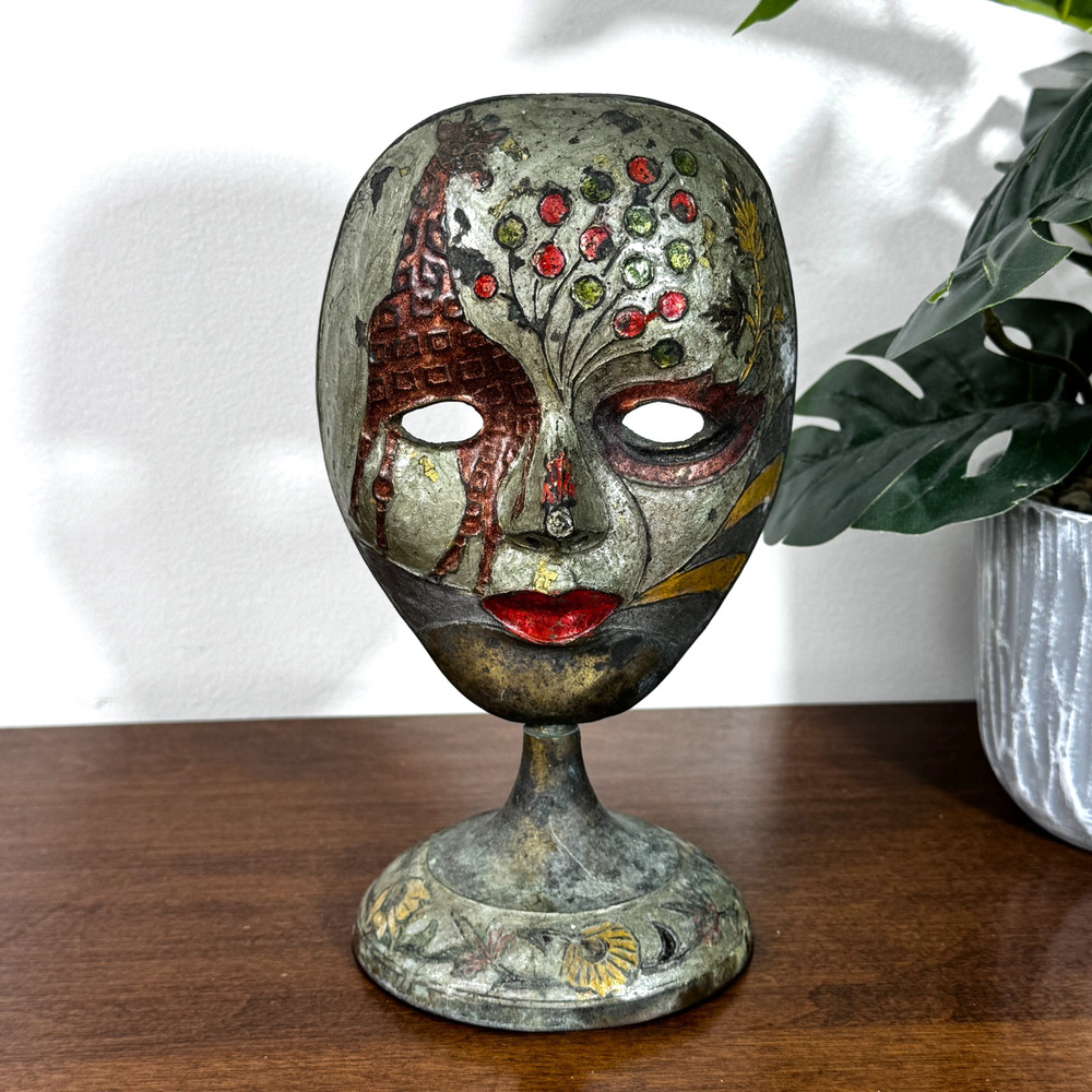 Vintage Brass Face Mask on Stand Hand-Painted India Folk Art Decor